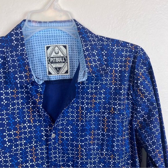 Pitbull brand casual button front shirt-blue with geo-print-Men’s Large - Picture 3 of 12